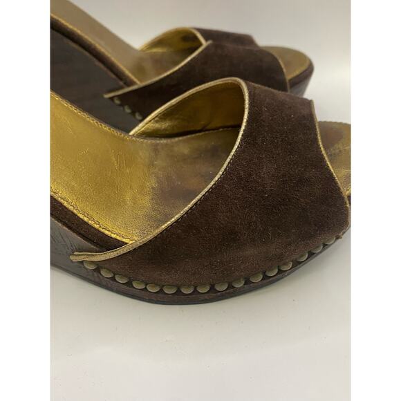 Prada Brown Suede Peep Toe Wedge Sandals Sz 37.5 (US 7) - Picture 6 of 8